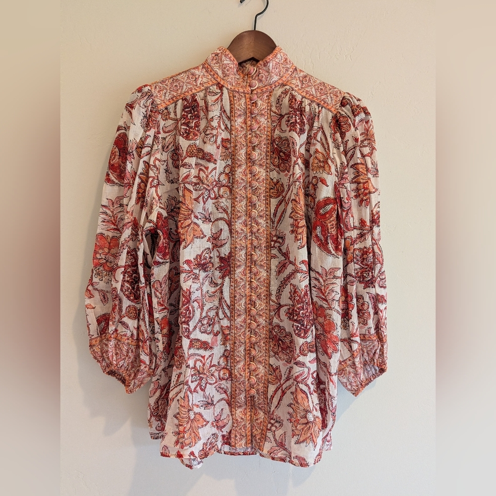 Zimmermann Vitali Yoke %100 Ramie Blouse Sepia Floral Red Fall 🍁🍂